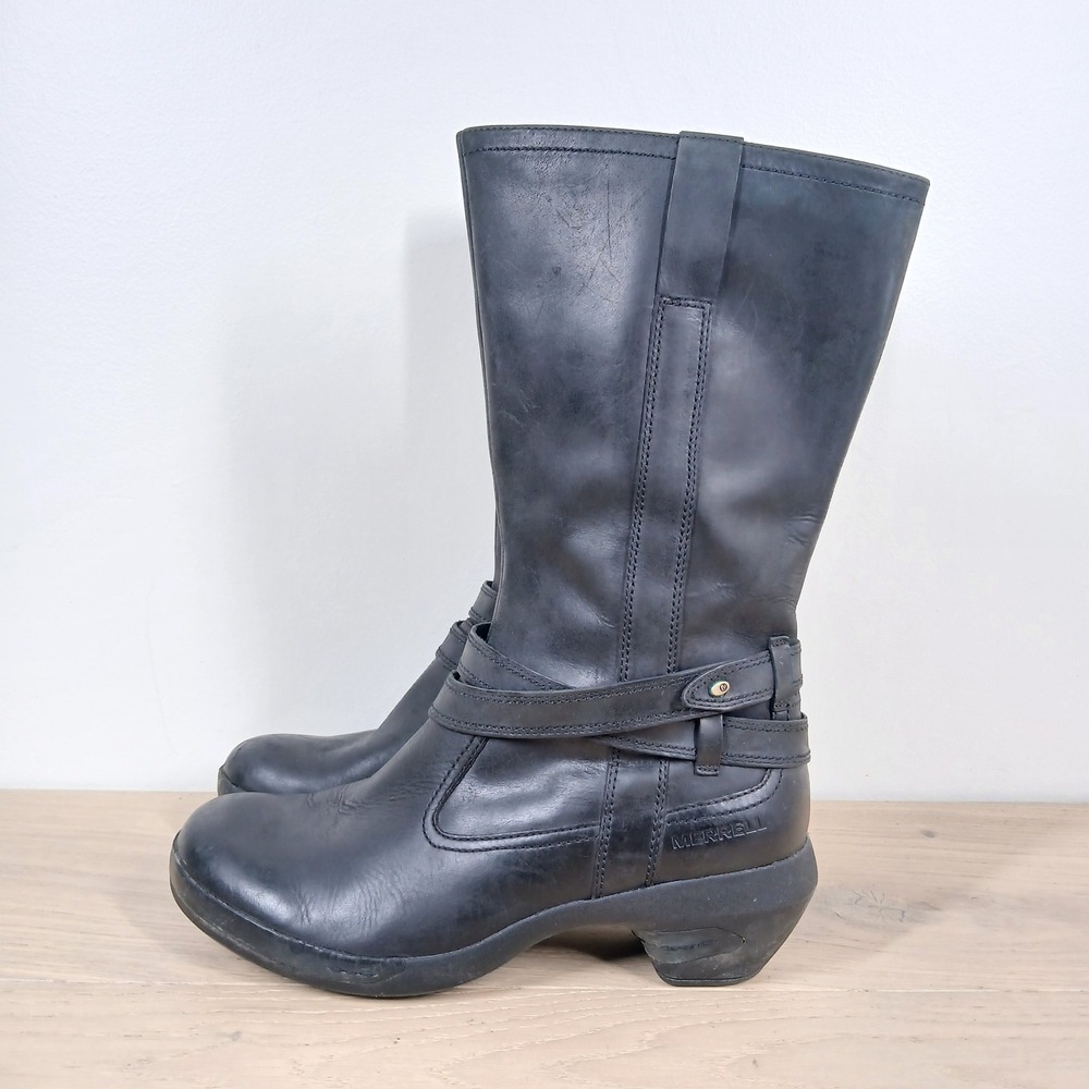 Merrell Boots Women 9.5 Black Leather Performance Footwear Strap Mid Calf
